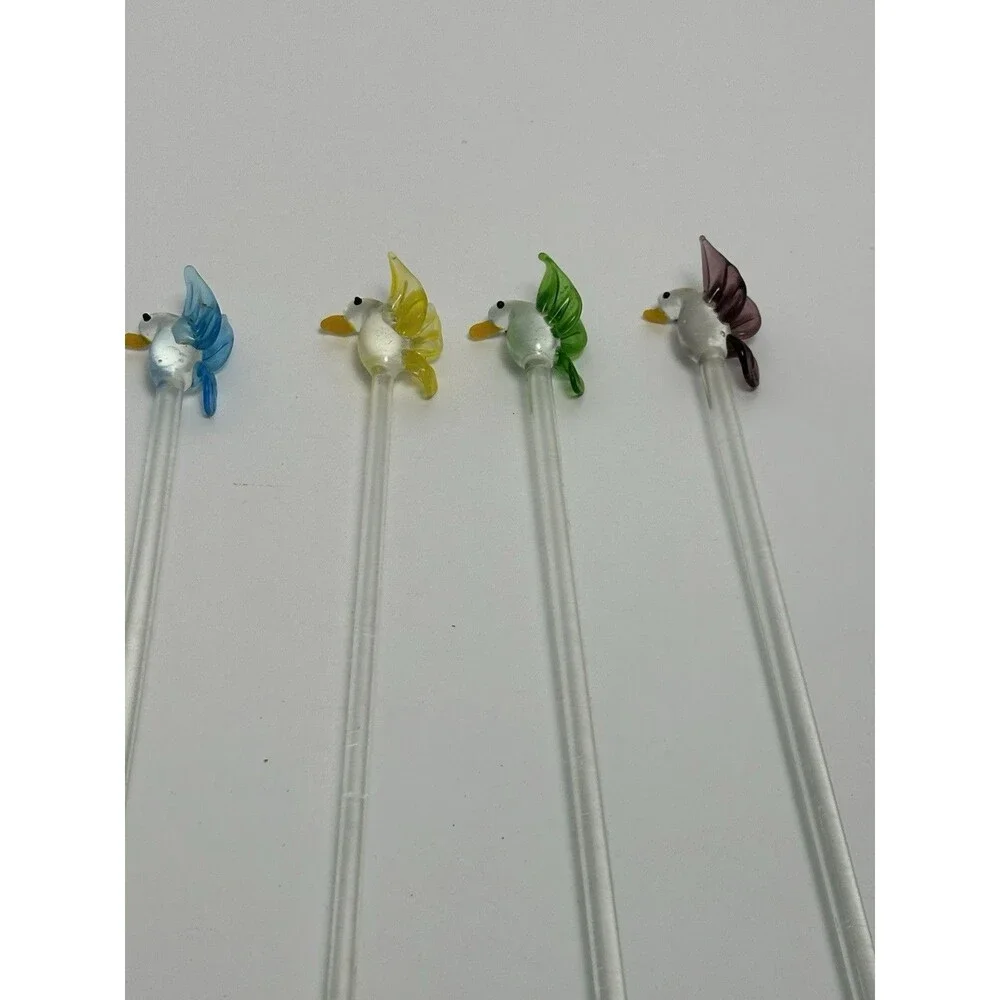4 Vtg MCM Hand Blown Art Glass Bird Swizzle Stir Sticks Blue Green Yellow Purple